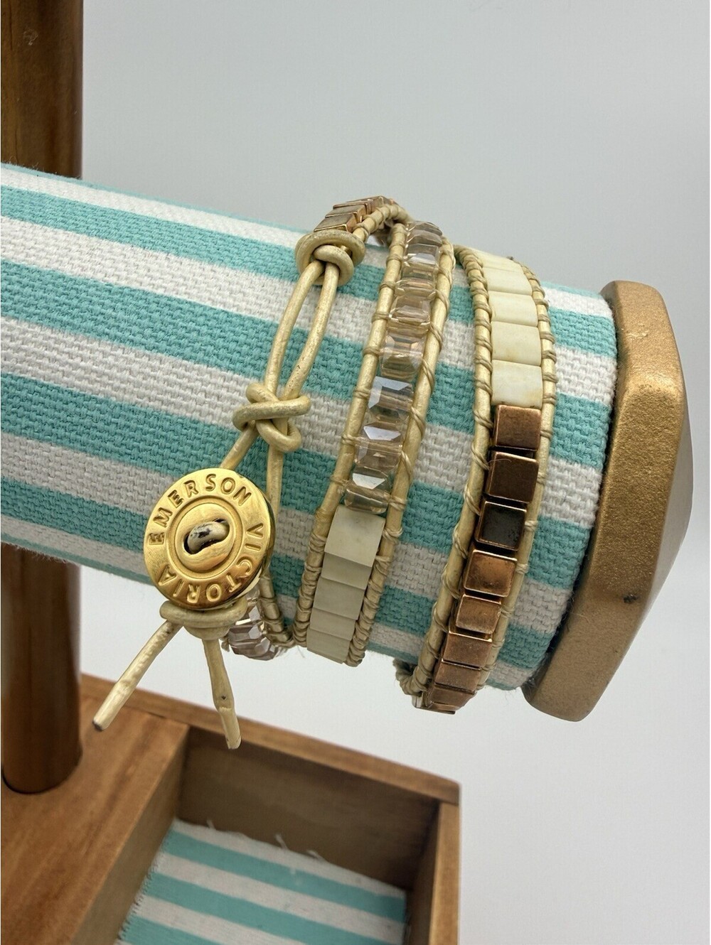 Victoria Emerson Leather Wrap Bracelets - Natural Square Bead Clear Bronze Pearl